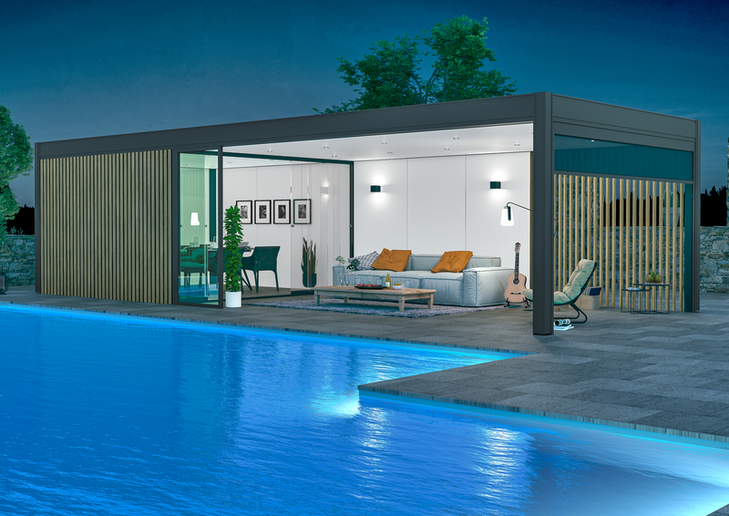 Abri de jardin pool house au bord de la piscine le soir